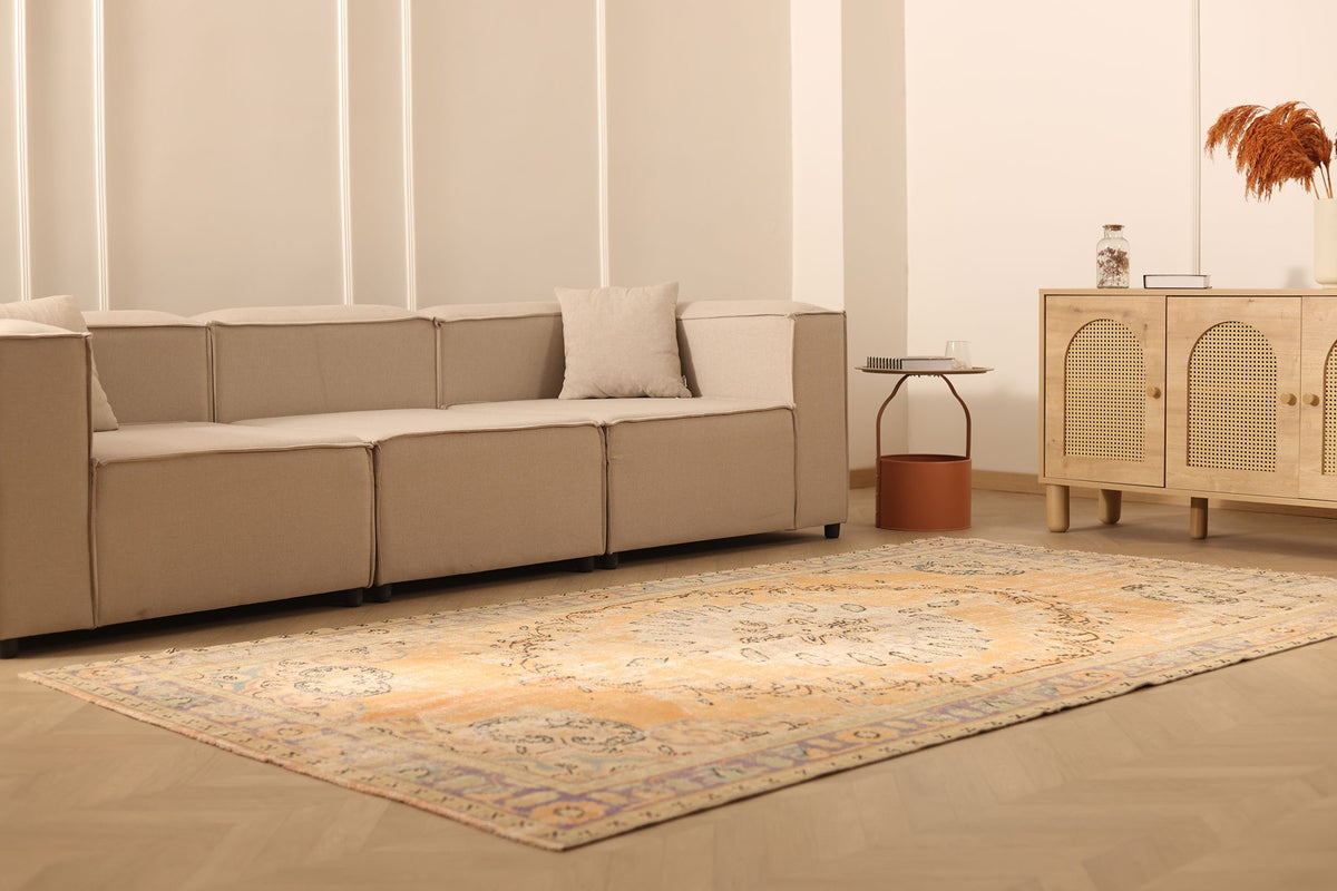 Vintage Manisa Turkish Area Rug 6x10 ft — Orange & Beige Floral