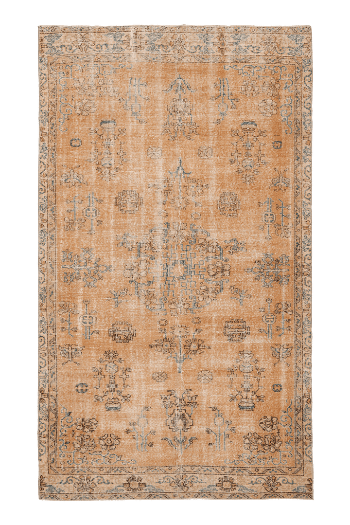 Vintage Isparta Turkish Area Rug 5x9 ft — Orange & Beige Floral