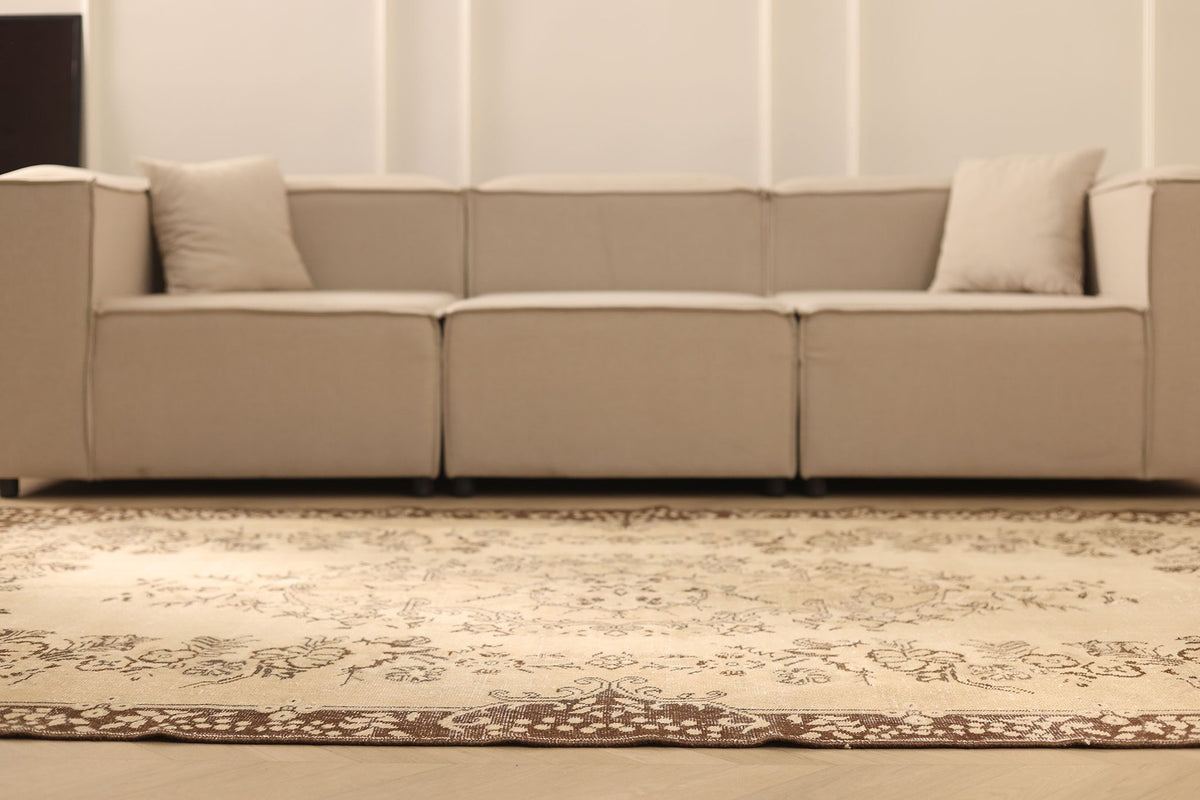 Vintage Isparta Turkish Area Rug 6x9 ft — Beige & Brown Floral
