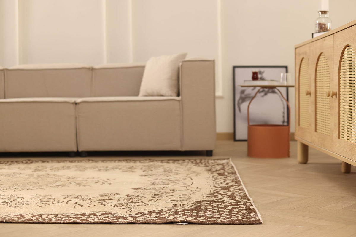 Vintage Isparta Turkish Area Rug 6x9 ft — Beige & Brown Floral