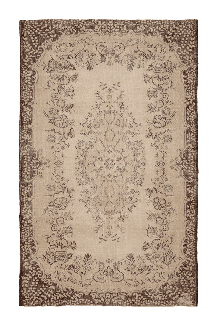 Vintage Isparta Turkish Area Rug 6x9 ft — Beige & Brown Floral