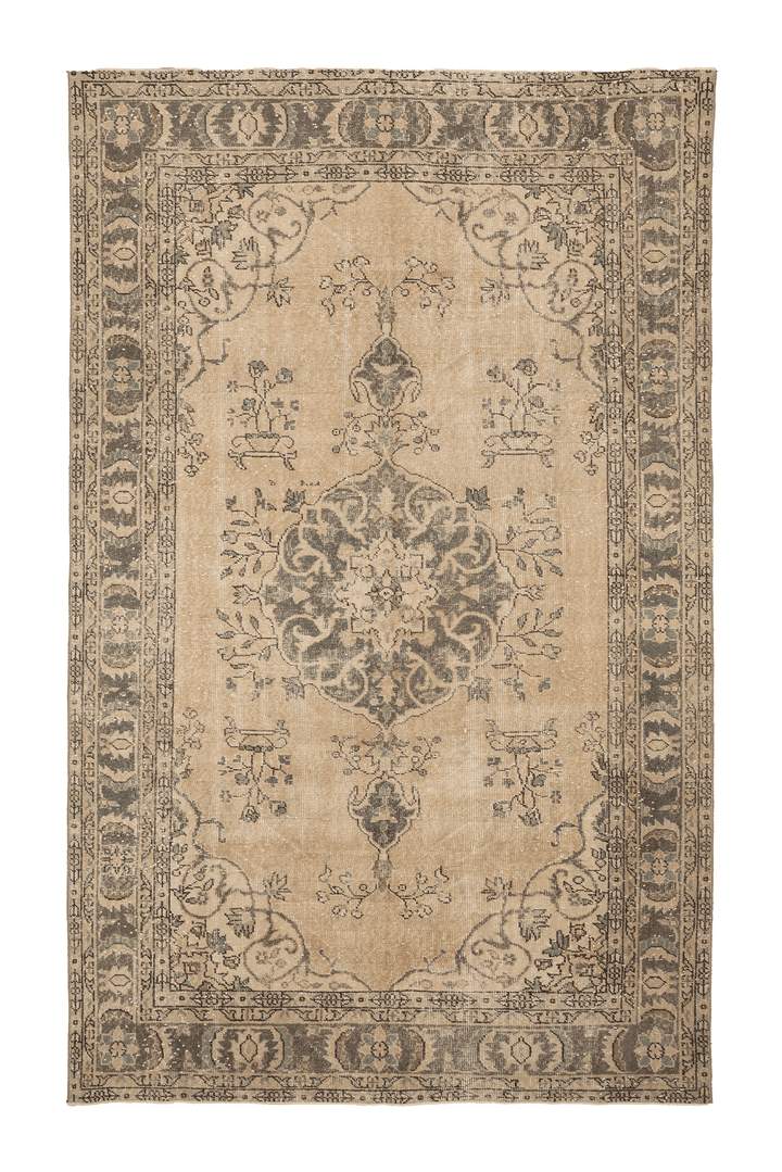 Vintage Isparta Turkish Area Rug 6x10 ft — Beige & Brown Floral