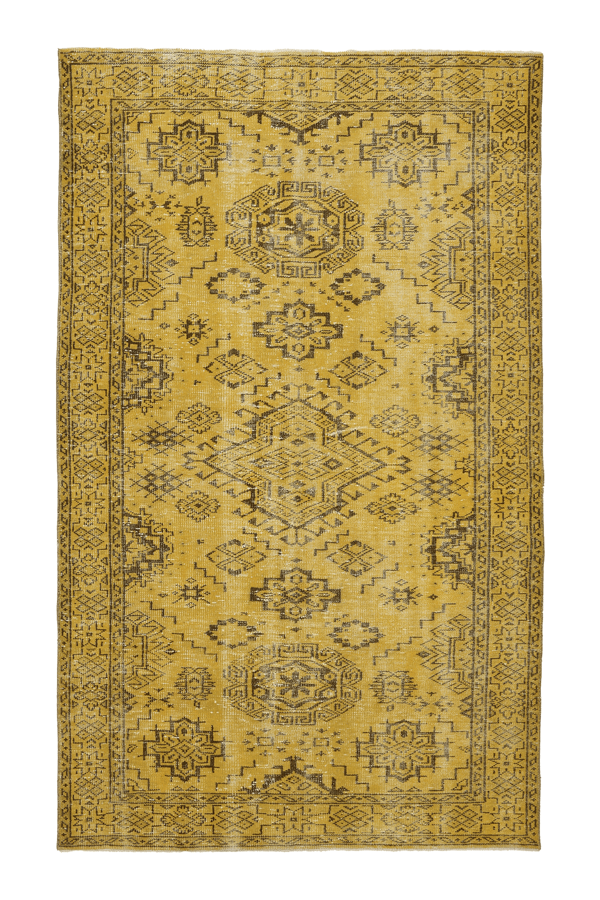 Vintage Isparta Turkish Area Rug 5x9 ft — Yellow & Brown Geometric