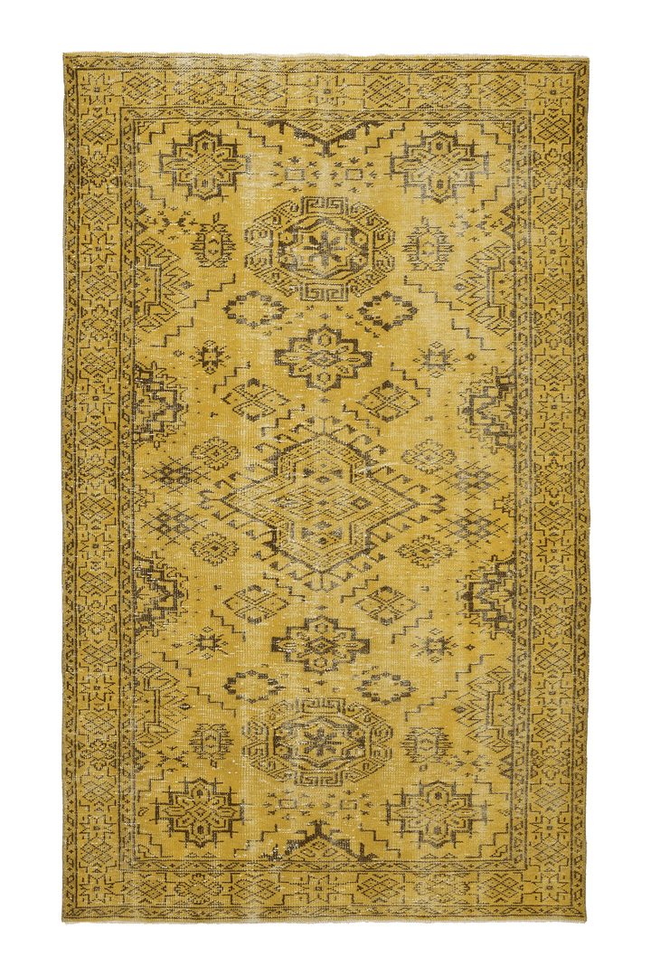 Vintage Isparta Turkish Area Rug 5x9 ft — Yellow & Brown Geometric