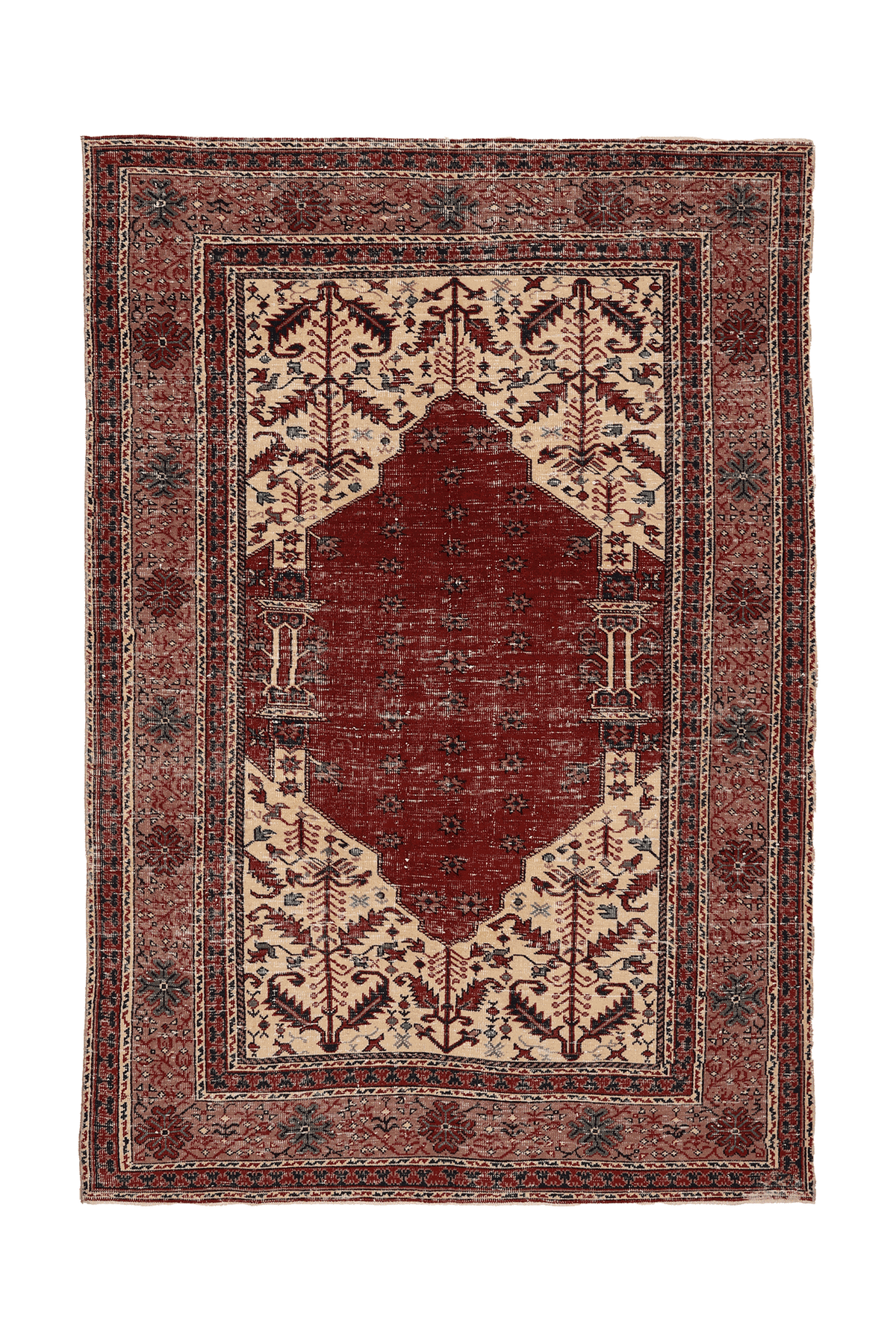 Vintage Isparta Turkish Area Rug 5x8 ft — Red & Beige Floral