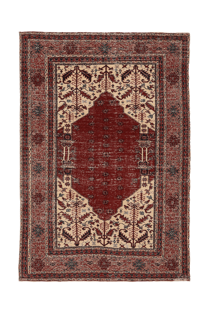 Vintage Isparta Turkish Area Rug 5x8 ft — Red & Beige Floral