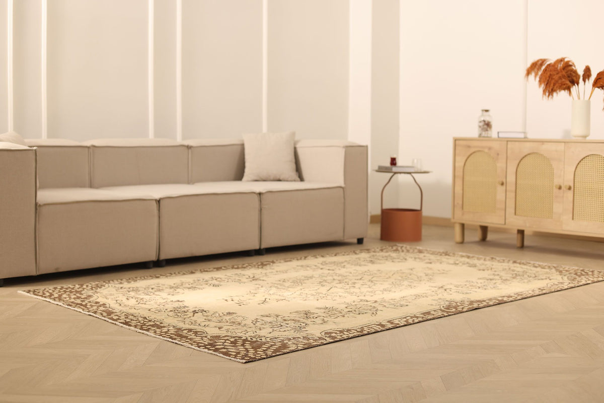 Vintage Isparta Turkish Area Rug 6x9 ft — Beige & Brown Floral