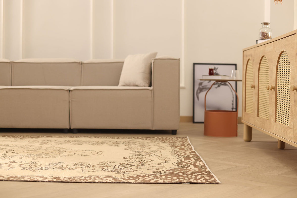 Vintage Isparta Turkish Area Rug 6x9 ft — Beige & Brown Floral