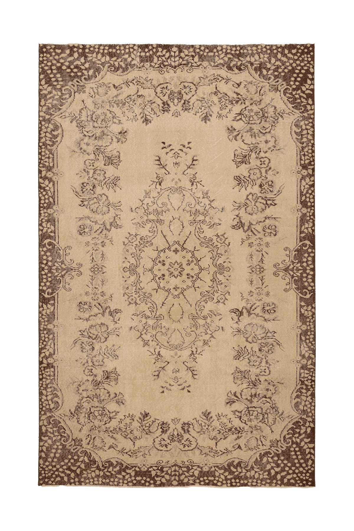 Vintage Isparta Turkish Area Rug 6x9 ft — Beige & Brown Floral