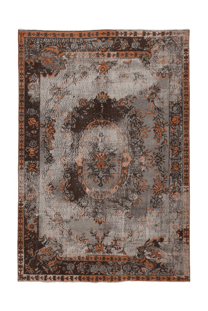 Vintage Isparta Turkish Area Rug 6x9 ft — Gray & Brown Floral