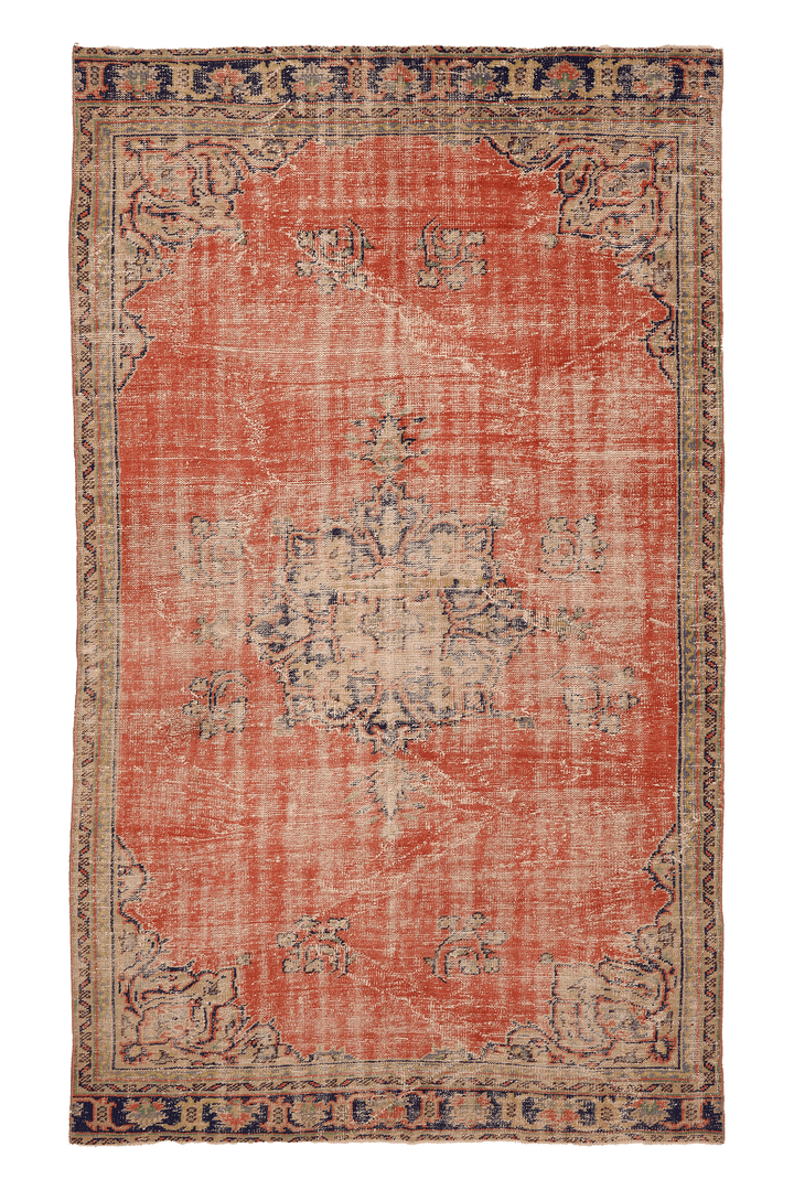 Vintage Manisa Turkish Area Rug 6x11 ft — Red & Beige Floral