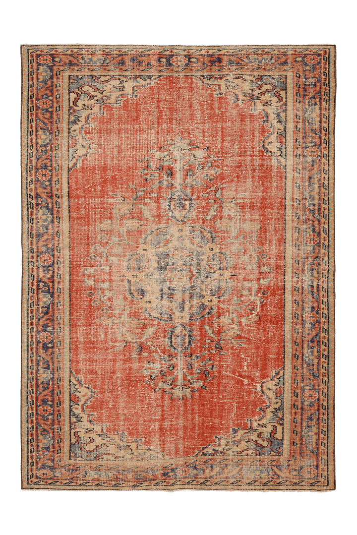 Vintage Manisa Turkish Area Rug 7x9 ft — Red & Beige Floral
