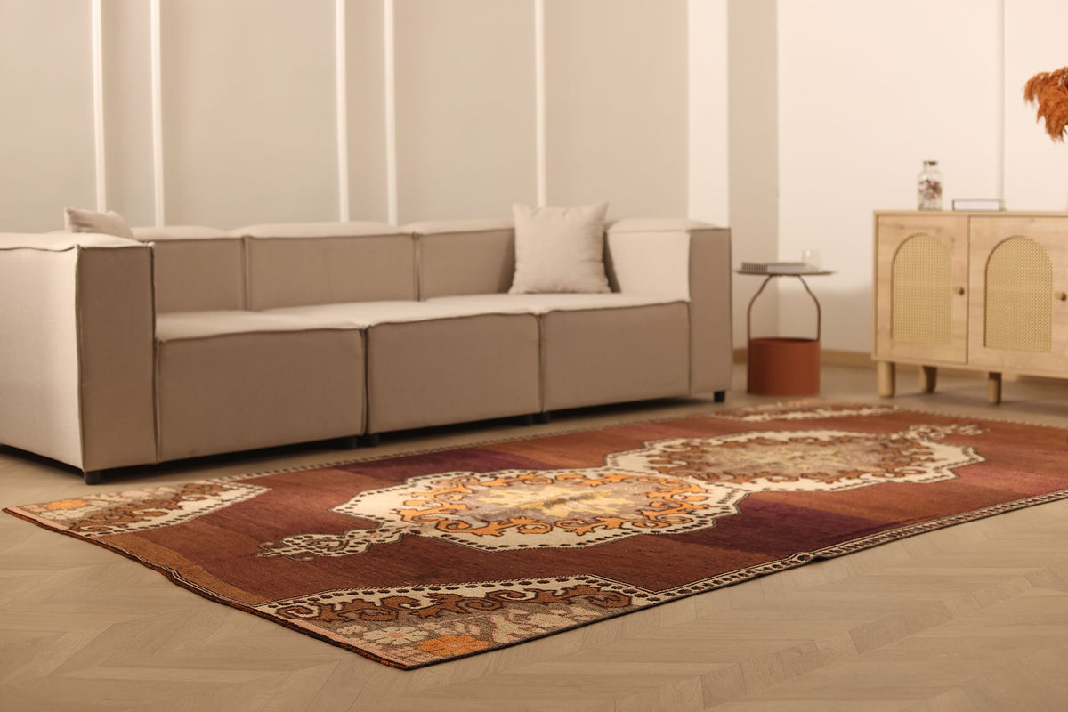Vintage Kars Turkish Area Rug 6x11 ft — Brown & Beige Floral