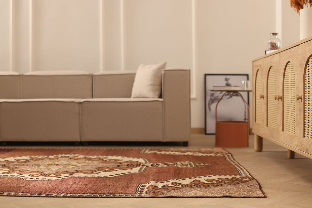 Vintage Kars Turkish Area Rug 6x11 ft — Brown & Beige Floral