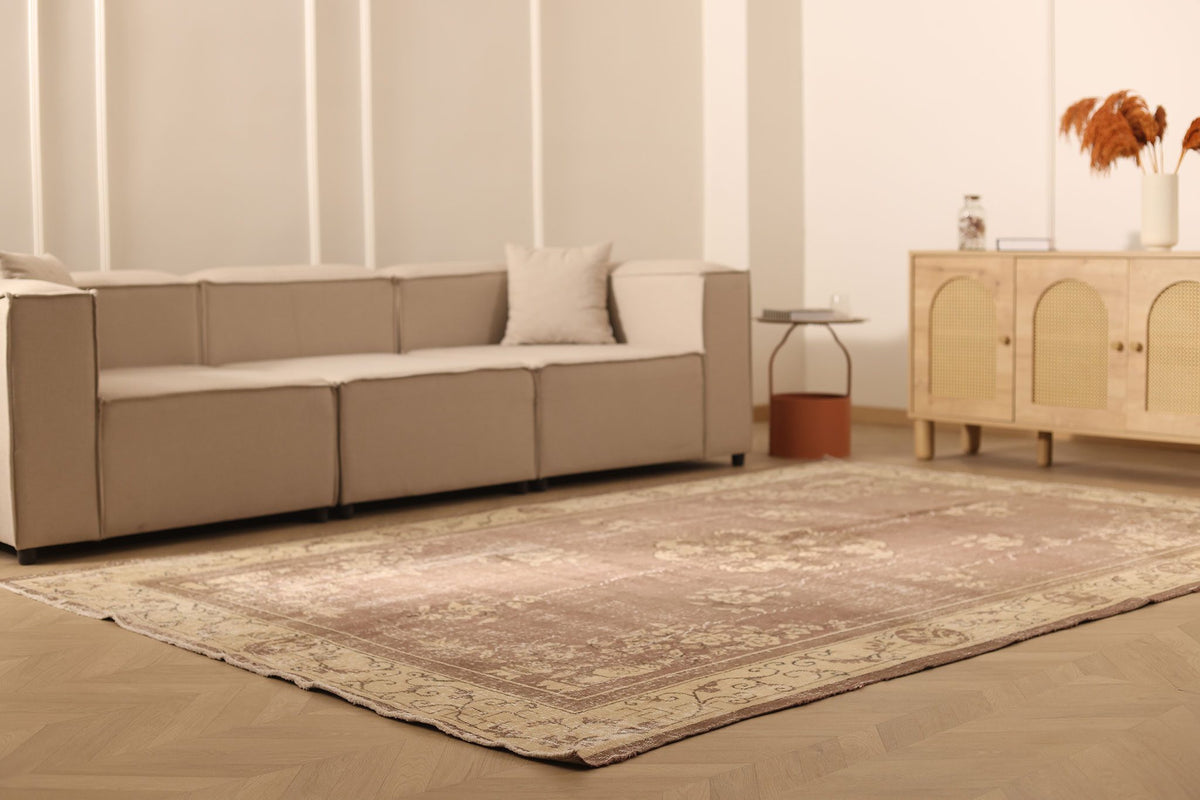 Vintage Isparta Turkish Area Rug 7x10 ft — Brown & Beige Floral