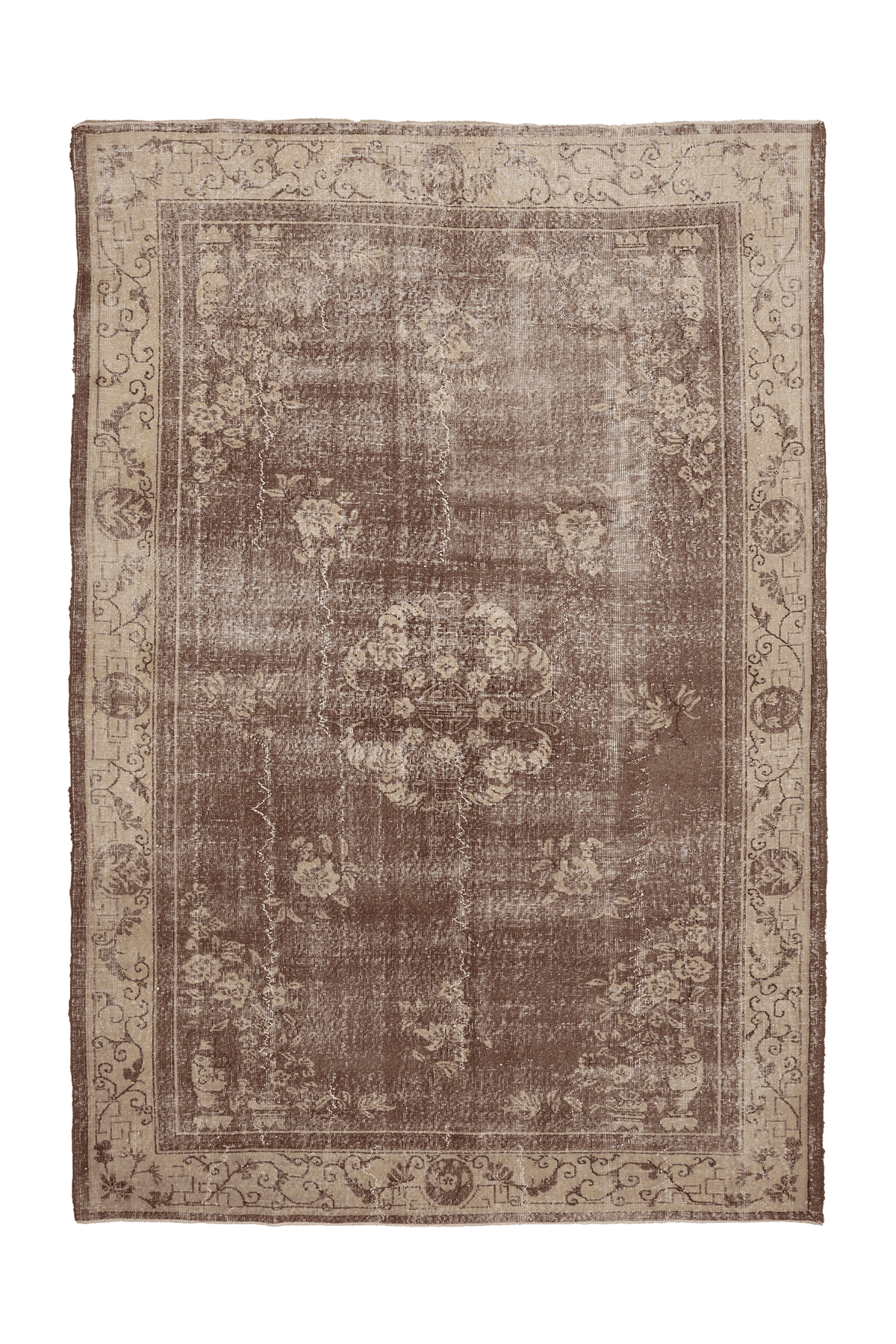 Vintage Isparta Turkish Area Rug 7x10 ft — Brown & Beige Floral