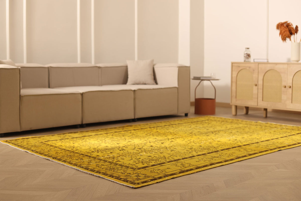 Vintage Isparta Turkish Area Rug 7x10 ft — Yellow & Brown Floral