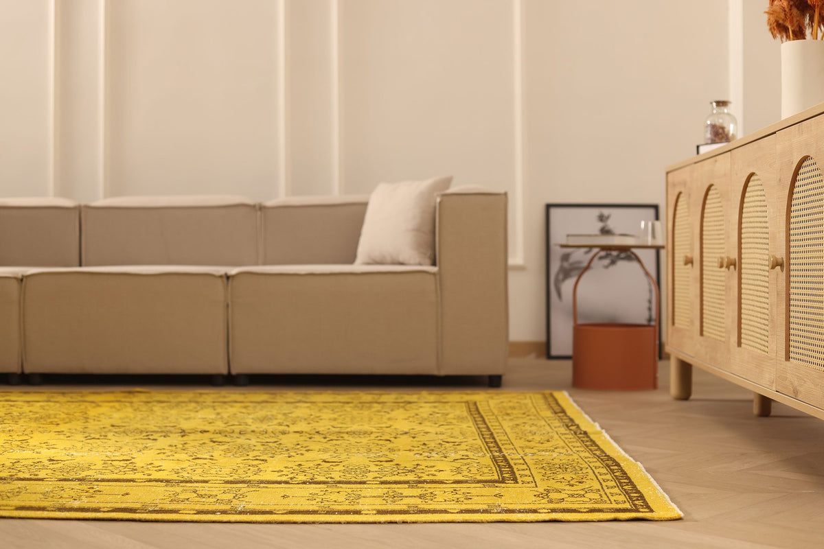 Vintage Isparta Turkish Area Rug 7x10 ft — Yellow & Brown Floral