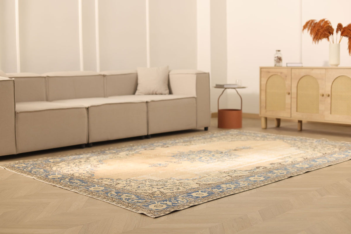 Vintage Isparta Turkish Area Rug 7x10 ft — Beige & Blue Floral