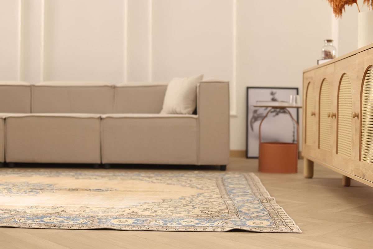 Vintage Isparta Turkish Area Rug 7x10 ft — Beige & Blue Floral
