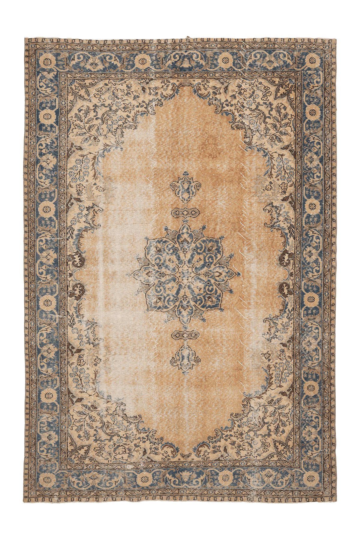 Vintage Isparta Turkish Area Rug 7x10 ft — Beige & Blue Floral