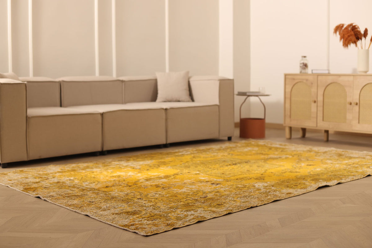 Vintage Isparta Turkish Area Rug 7x10 ft — Yellow & Beige Floral