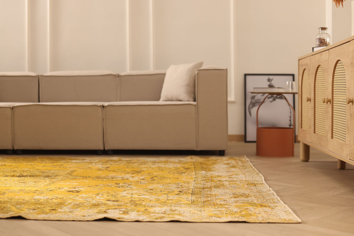Vintage Isparta Turkish Area Rug 7x10 ft — Yellow & Beige Floral