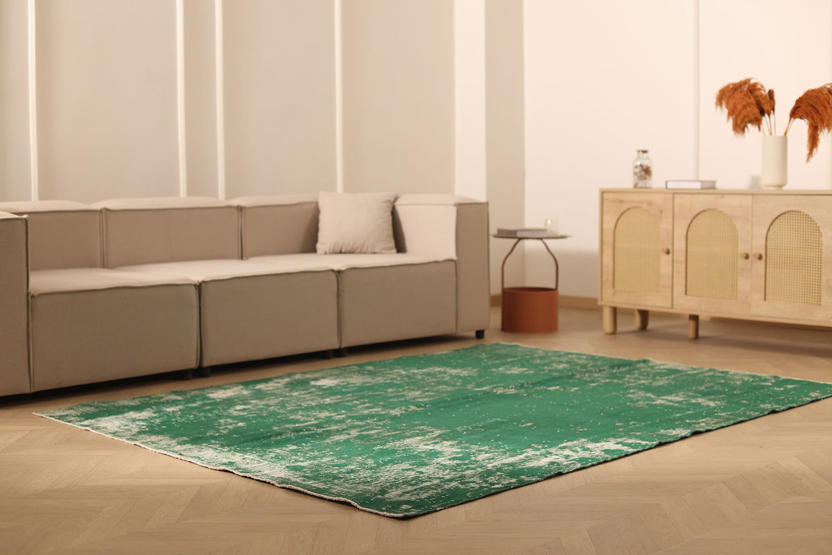Vintage Isparta Turkish Area Rug 6x8 ft — Green & White Overdyed