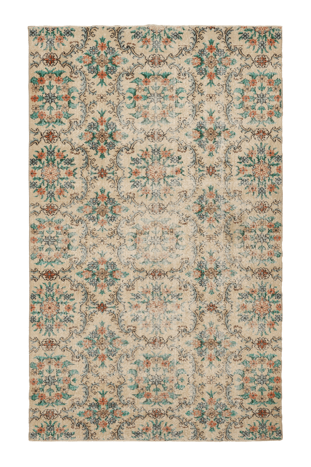 Vintage Isparta Turkish Area Rug 5x8 ft — Beige & Green Floral