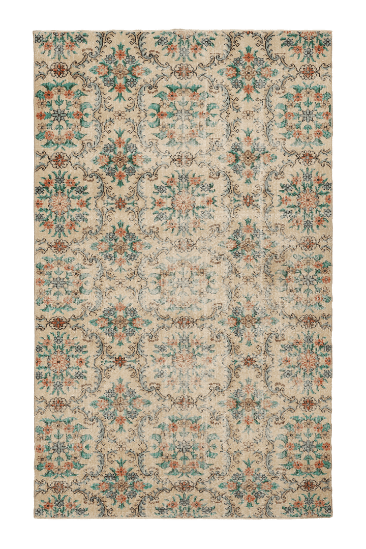 Vintage Isparta Turkish Area Rug 5x8 ft — Beige & Green Floral