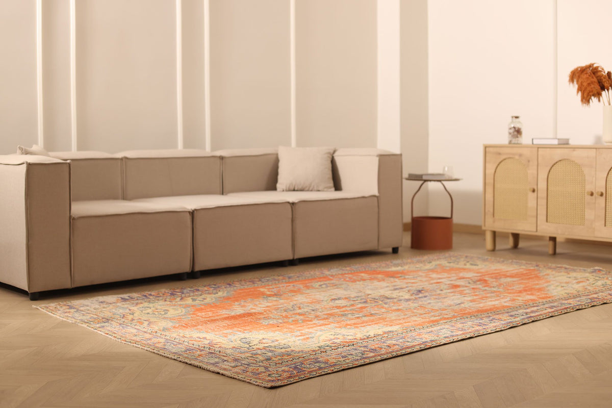 Vintage Manisa Turkish Area Rug 6x10 ft — Orange & Beige Floral
