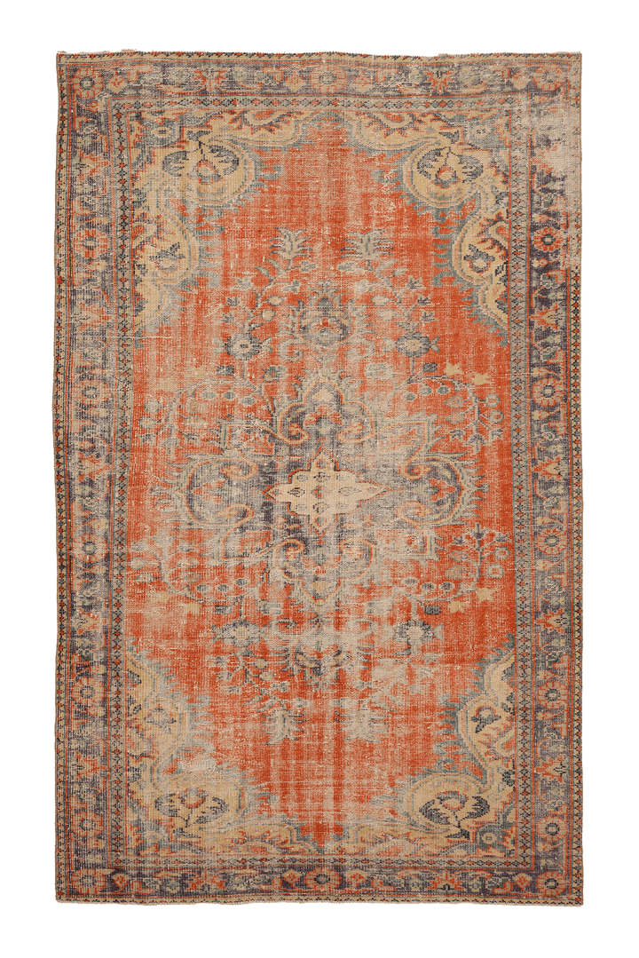 Vintage Manisa Turkish Area Rug 6x10 ft — Orange & Beige Floral