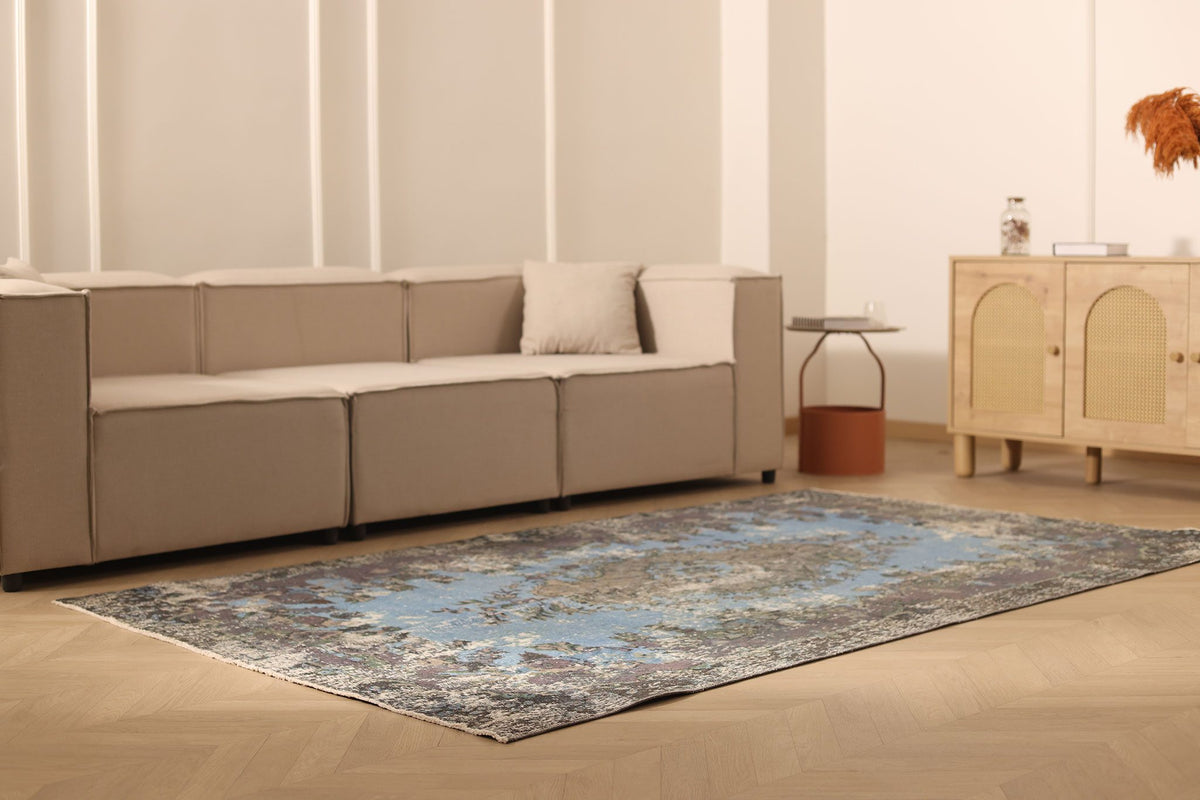 Vintage Isparta Turkish Area Rug 5x9 ft — Blue & Gray Floral
