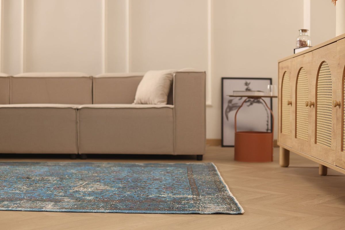 Vintage Isparta Turkish Area Rug 6x9 ft — Blue & Gray Overdyed