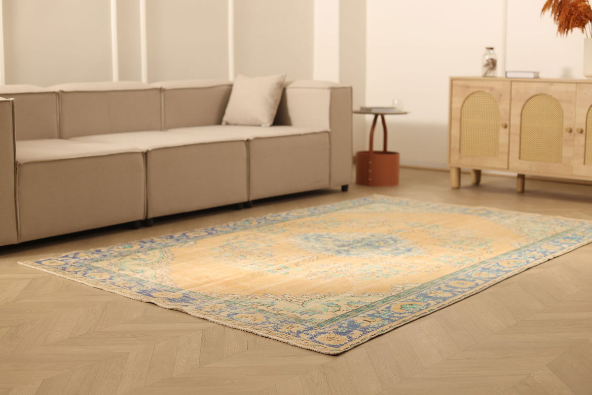 Vintage Isparta Turkish Area Rug 6x9 ft — Beige & Brown Floral