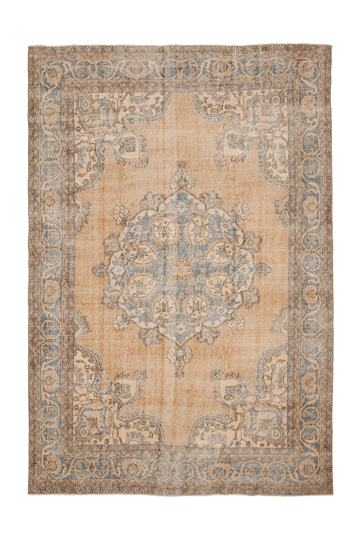 Vintage Isparta Turkish Area Rug 7x10 ft — Orange & Blue Floral