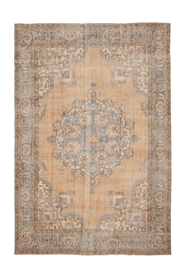 Vintage Isparta Turkish Area Rug 7x10 ft — Orange & Blue Floral
