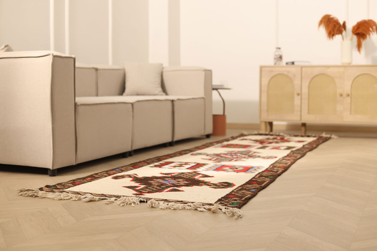 Vintage Southeastern Persian Style Kilim Runner Rug 3x12 ft — Beige & Brown Geometric