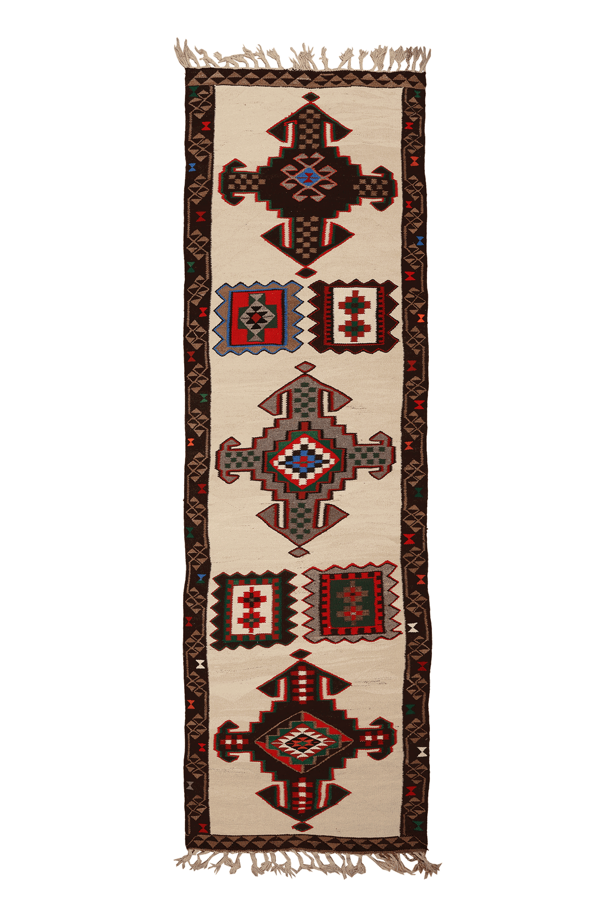 Vintage Southeastern Persian Style Kilim Runner Rug 3x12 ft — Beige & Brown Geometric