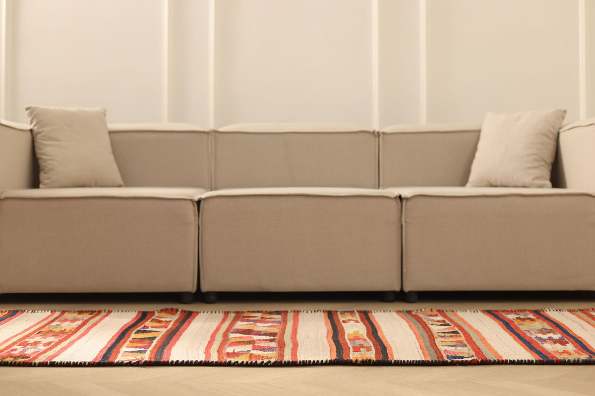 Vintage Mersin Turkish Kilim Runner Rug 3x12 ft — Beige & Red Geometric