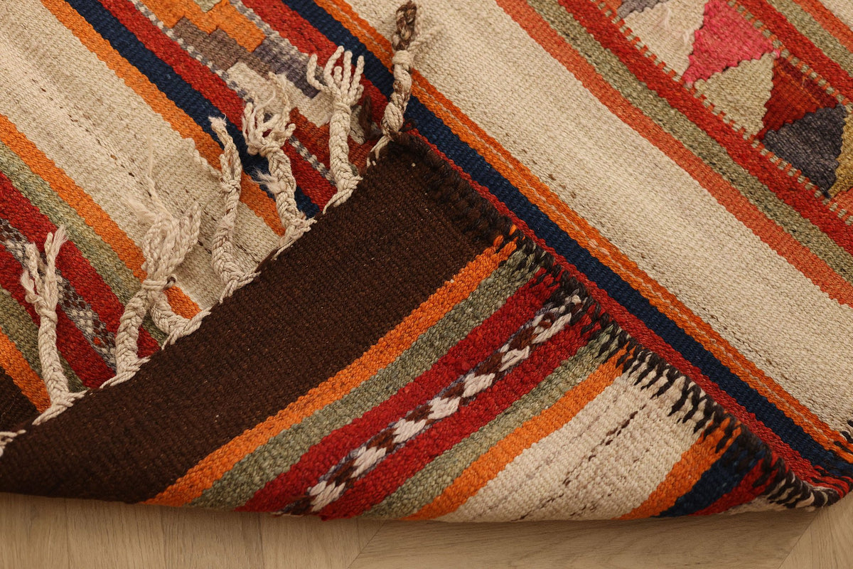 Vintage Mersin Turkish Kilim Runner Rug 3x12 ft — Beige & Red Geometric