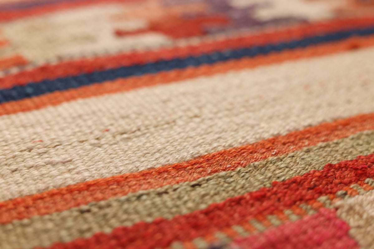 Vintage Mersin Turkish Kilim Runner Rug 3x12 ft — Beige & Red Geometric