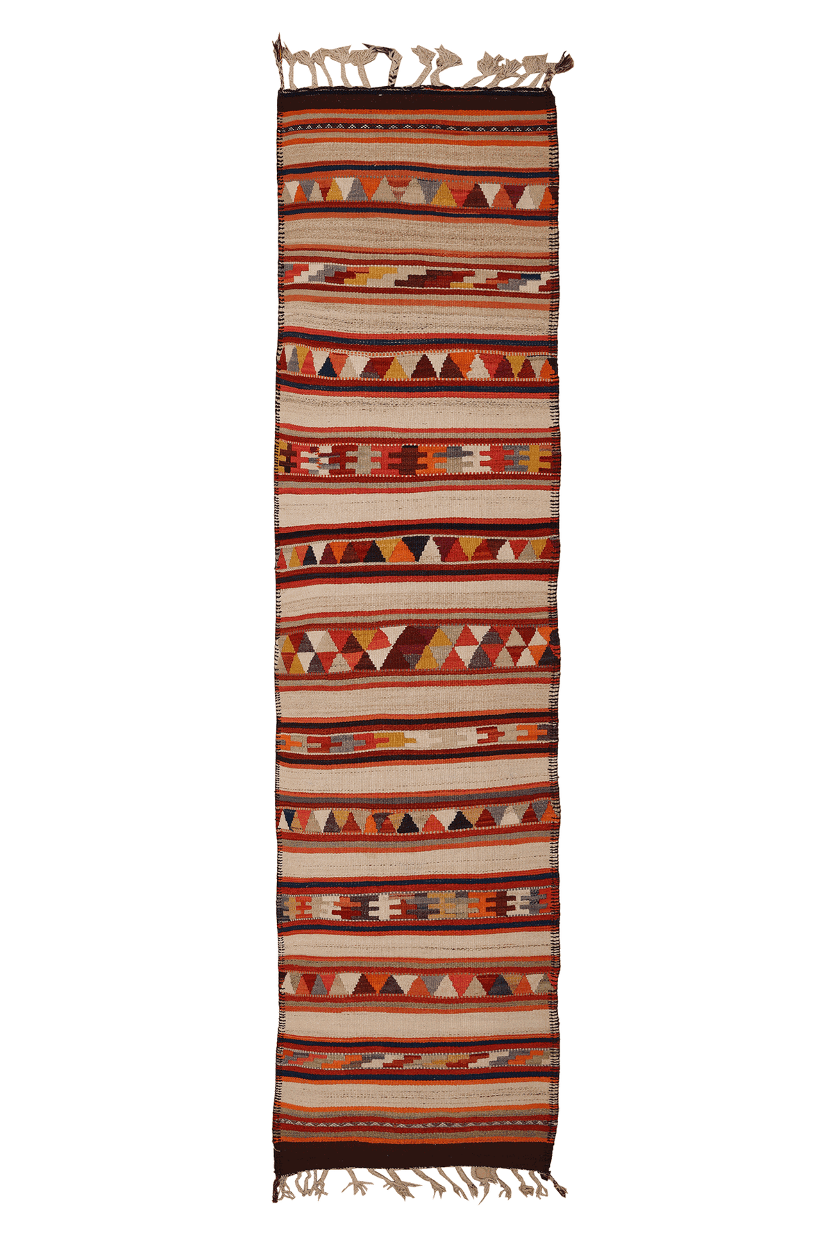 Vintage Mersin Turkish Kilim Runner Rug 3x12 ft — Beige & Red Geometric