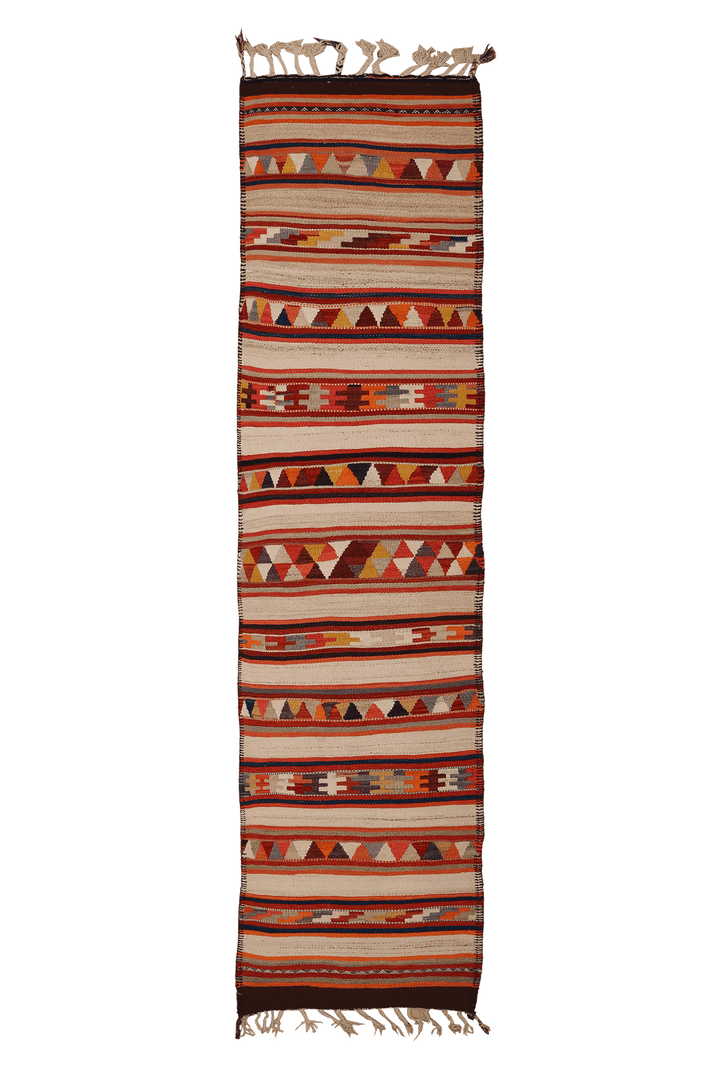 Vintage Mersin Turkish Kilim Runner Rug 3x12 ft — Beige & Red Geometric