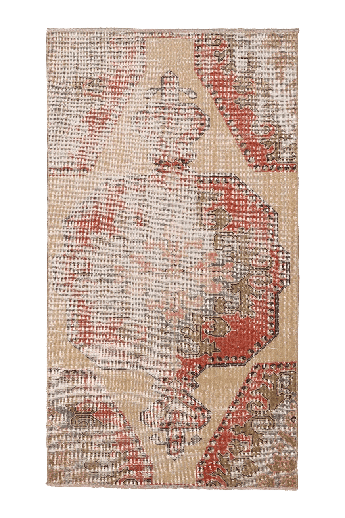 Vintage Malatya Turkish Runner Rug 3x6 ft — Beige & Red Distressed