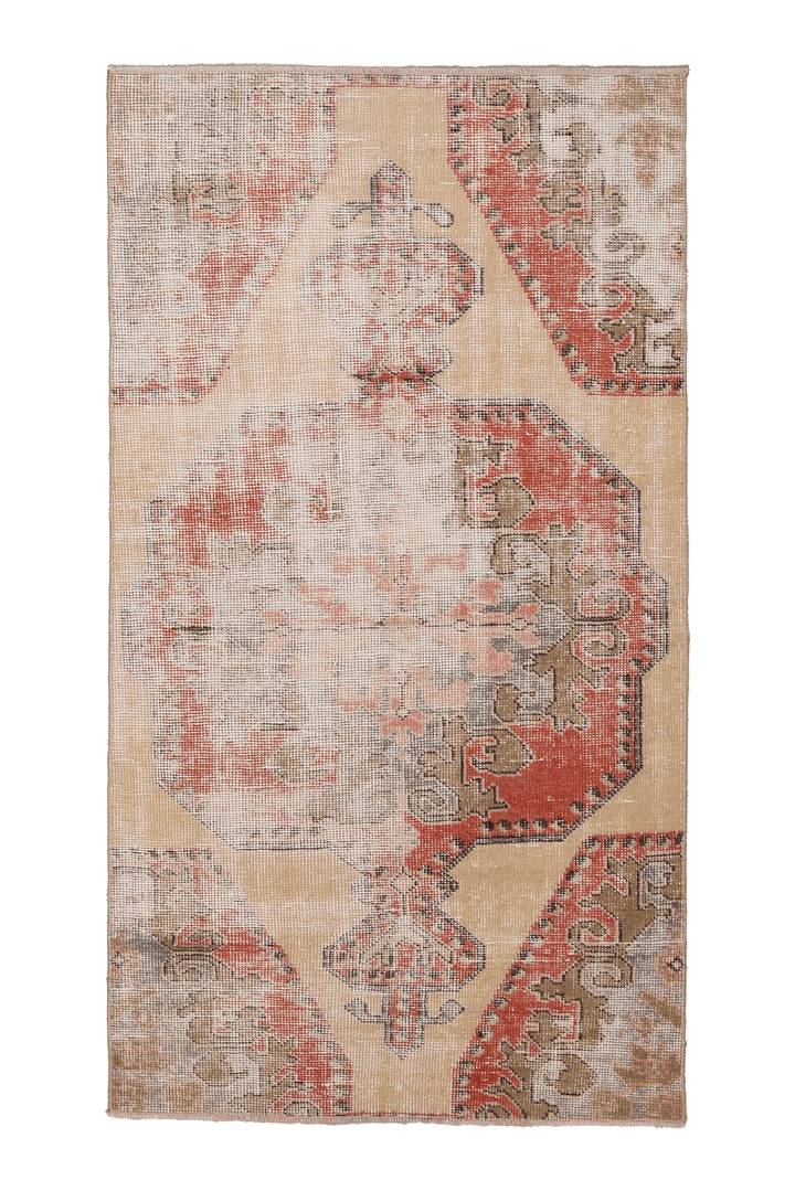 Vintage Malatya Turkish Runner Rug 3x6 ft — Beige & Red Distressed