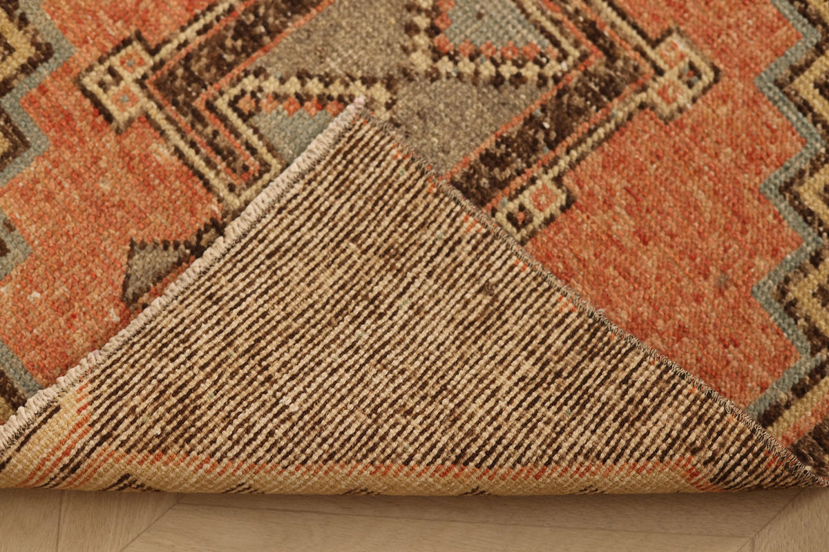 Vintage Malatya Turkish Runner Rug 3x9 ft — Brown & Orange Geometric