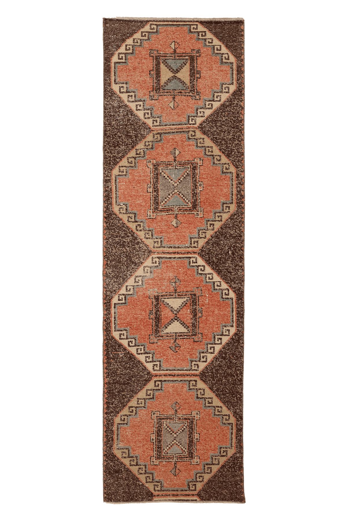 Vintage Malatya Turkish Runner Rug 3x9 ft — Brown & Orange Geometric