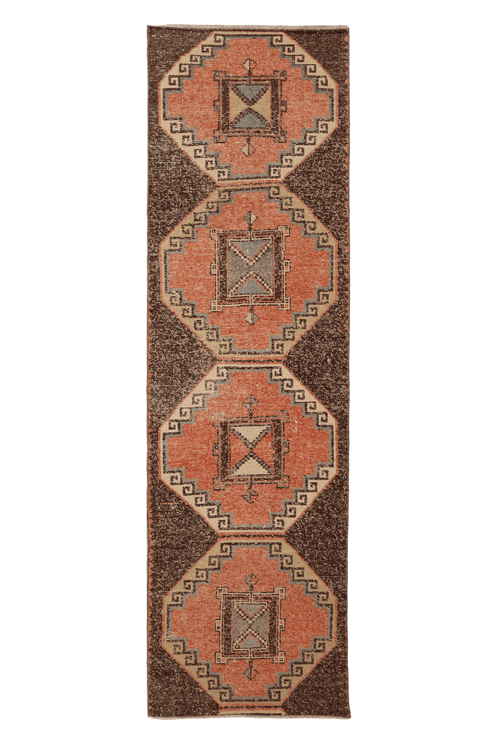 Vintage Malatya Turkish Runner Rug 3x9 ft — Brown & Orange Geometric