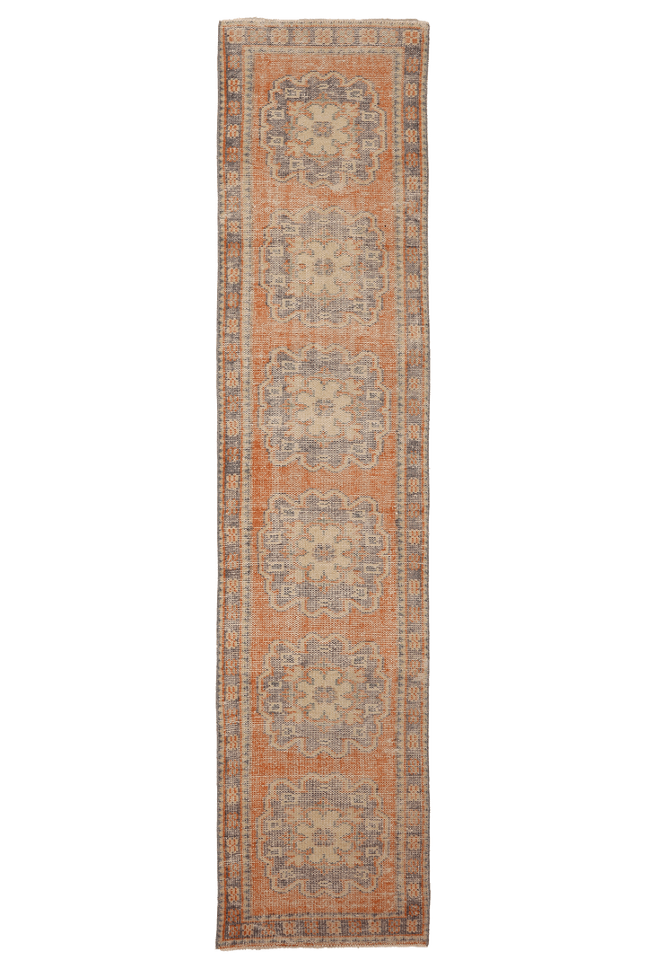 Vintage Manisa Turkish Runner Rug 2x11 ft — Orange & Blue Floral